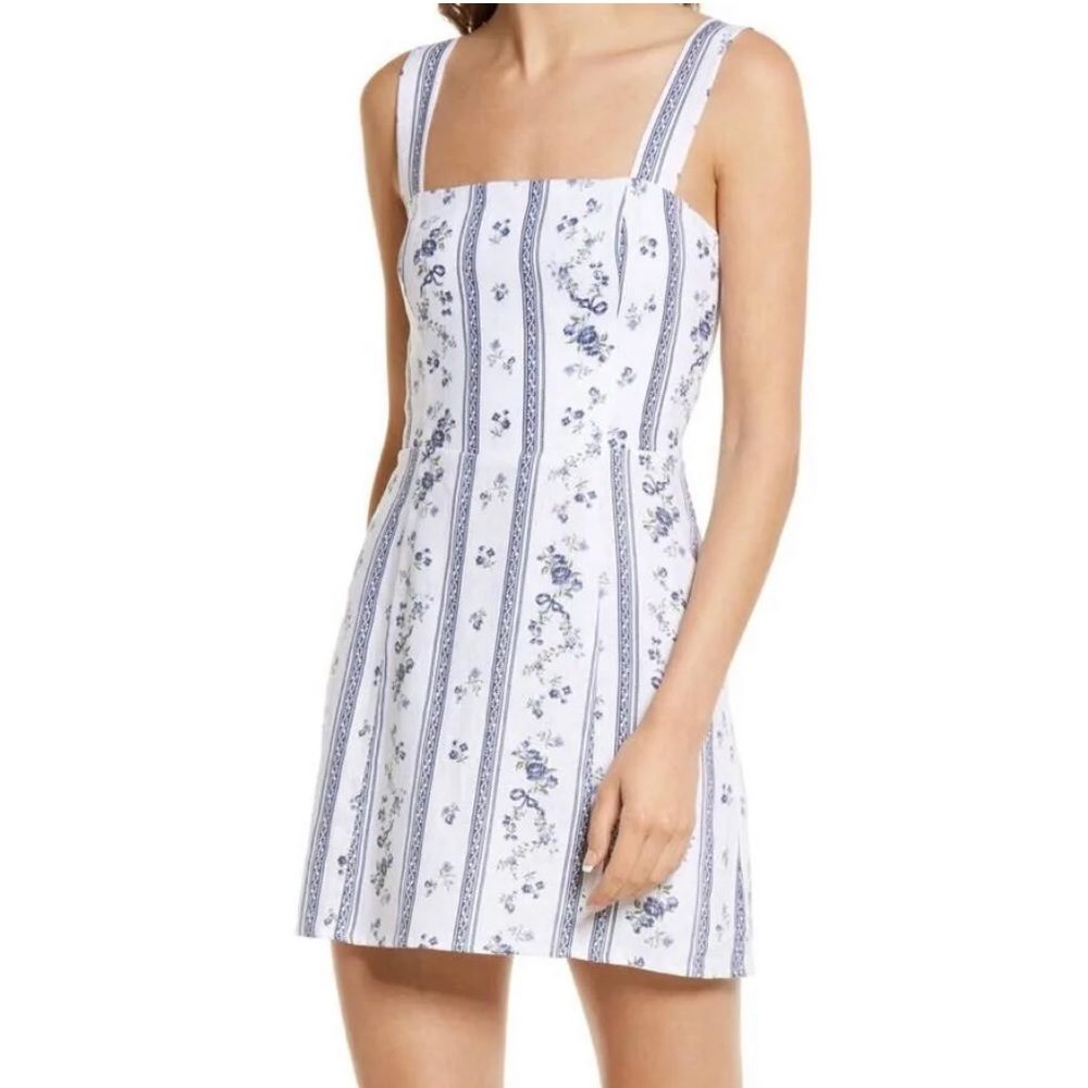 Reformation Dress Linen Floral Blue Brigitte Roquefort Size 2